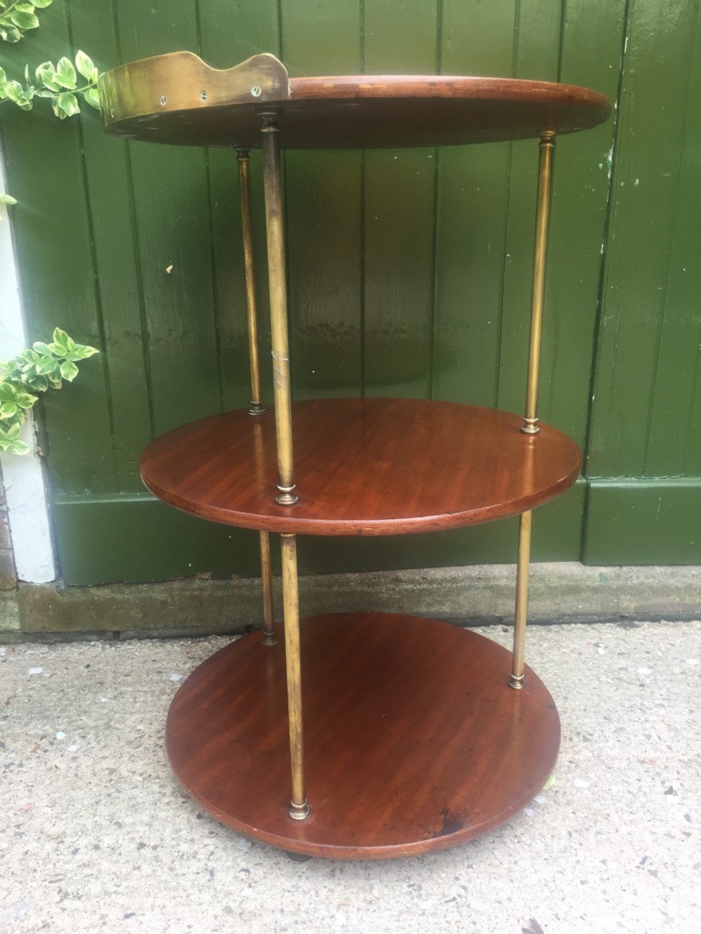 C19th Military campaign teak and brass circular 3-tier etagere . View IV