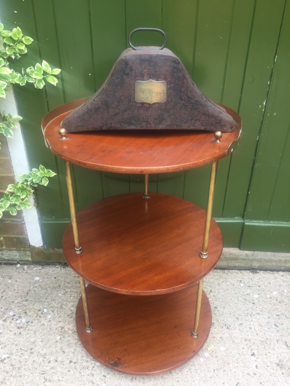 C19th Military campaign teak and brass circular 3-tier etagere . View VIII