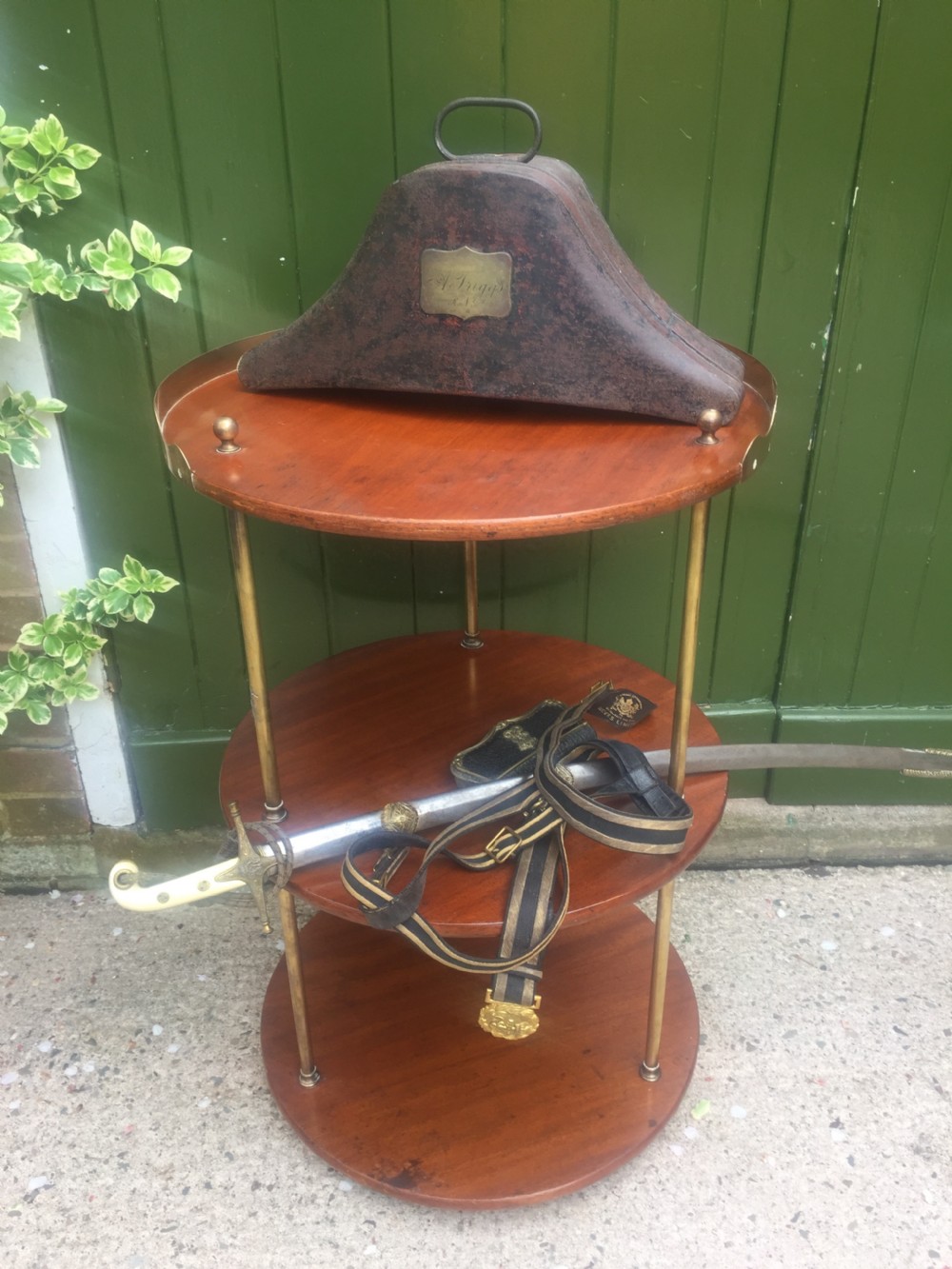 C19th Military campaign teak and brass circular 3-tier etagere . View IX