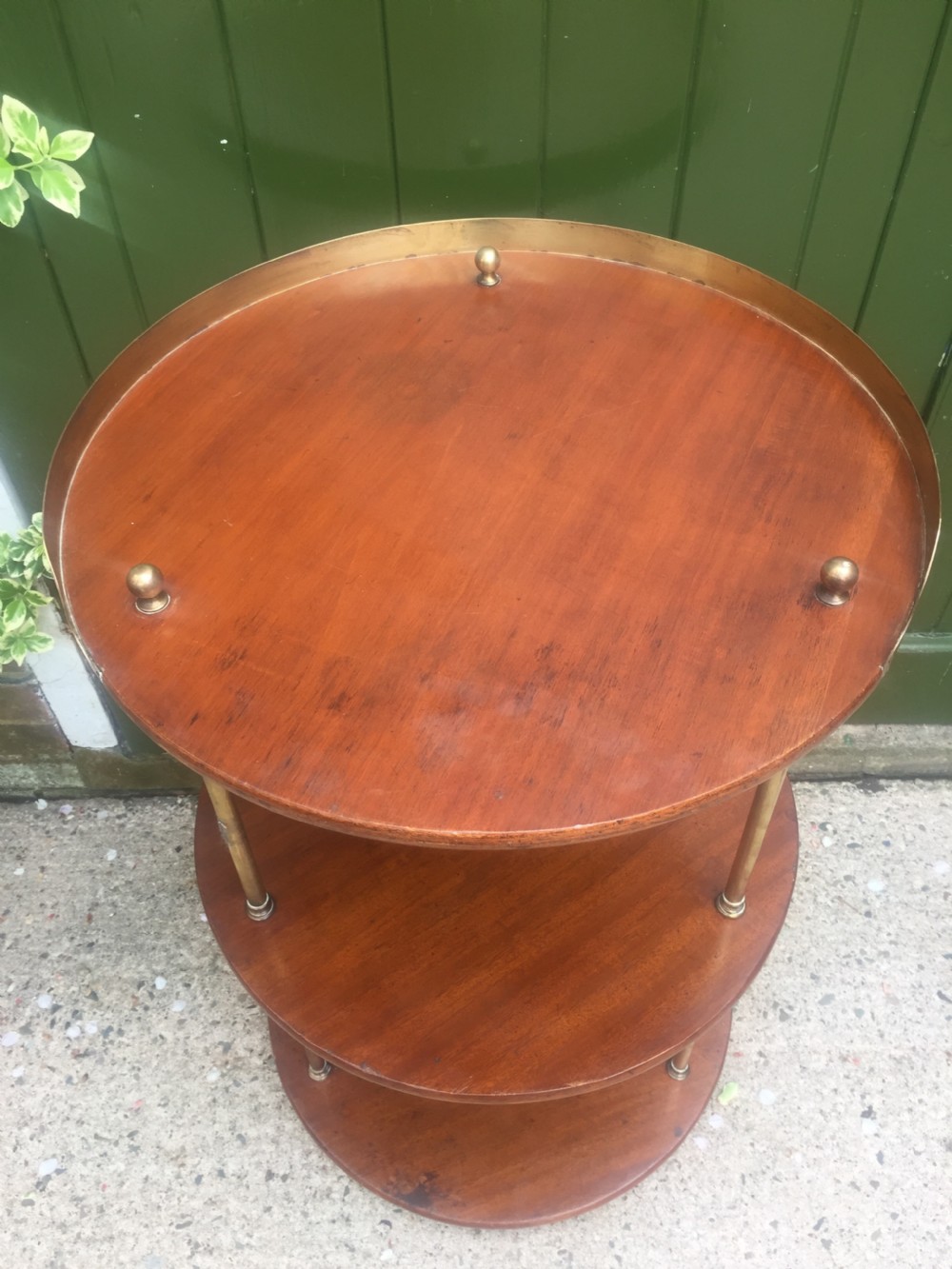 C19th Military campaign teak and brass circular 3-tier etagere . View X