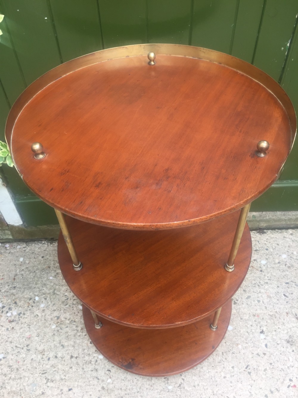 C19th Military campaign teak and brass circular 3-tier etagere . View XIII