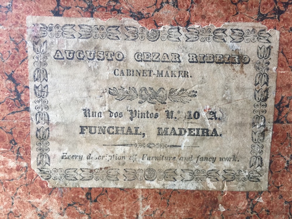 Finely-made and signed Madeiran mid C19th book-carrier in an exotic timber , possibly Andaman padauk. View IX