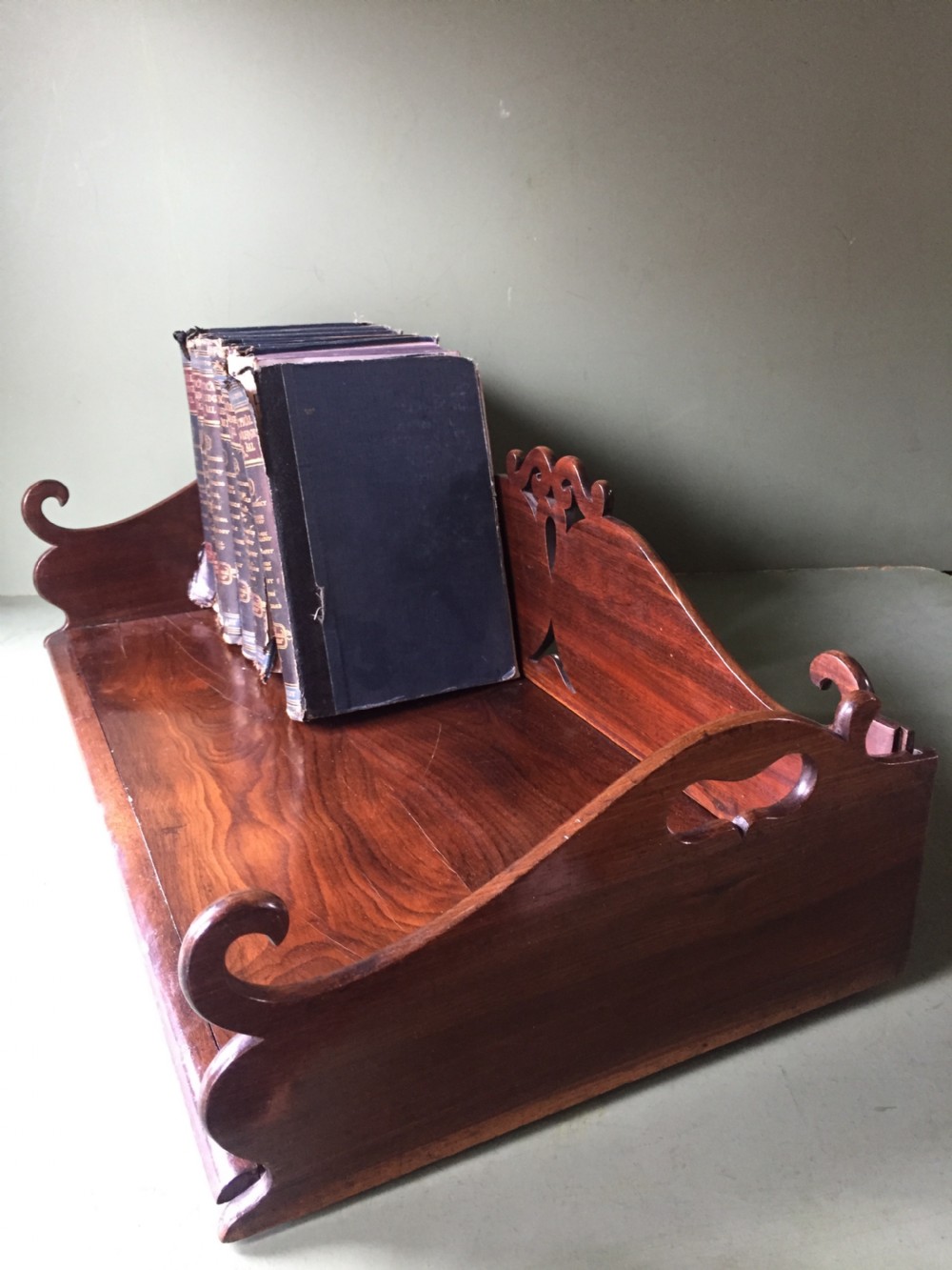 Finely-made and signed Madeiran mid C19th book-carrier in an exotic timber , possibly Andaman padauk. View XIV