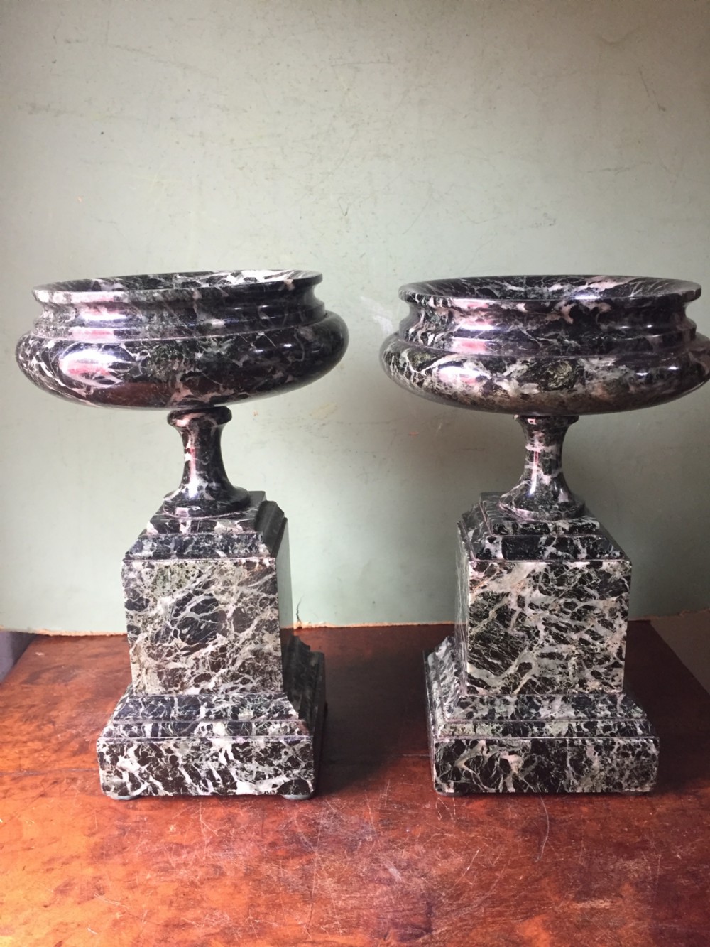 Pair of late C19th Italian 'verde antico ' marble tazzas. View III