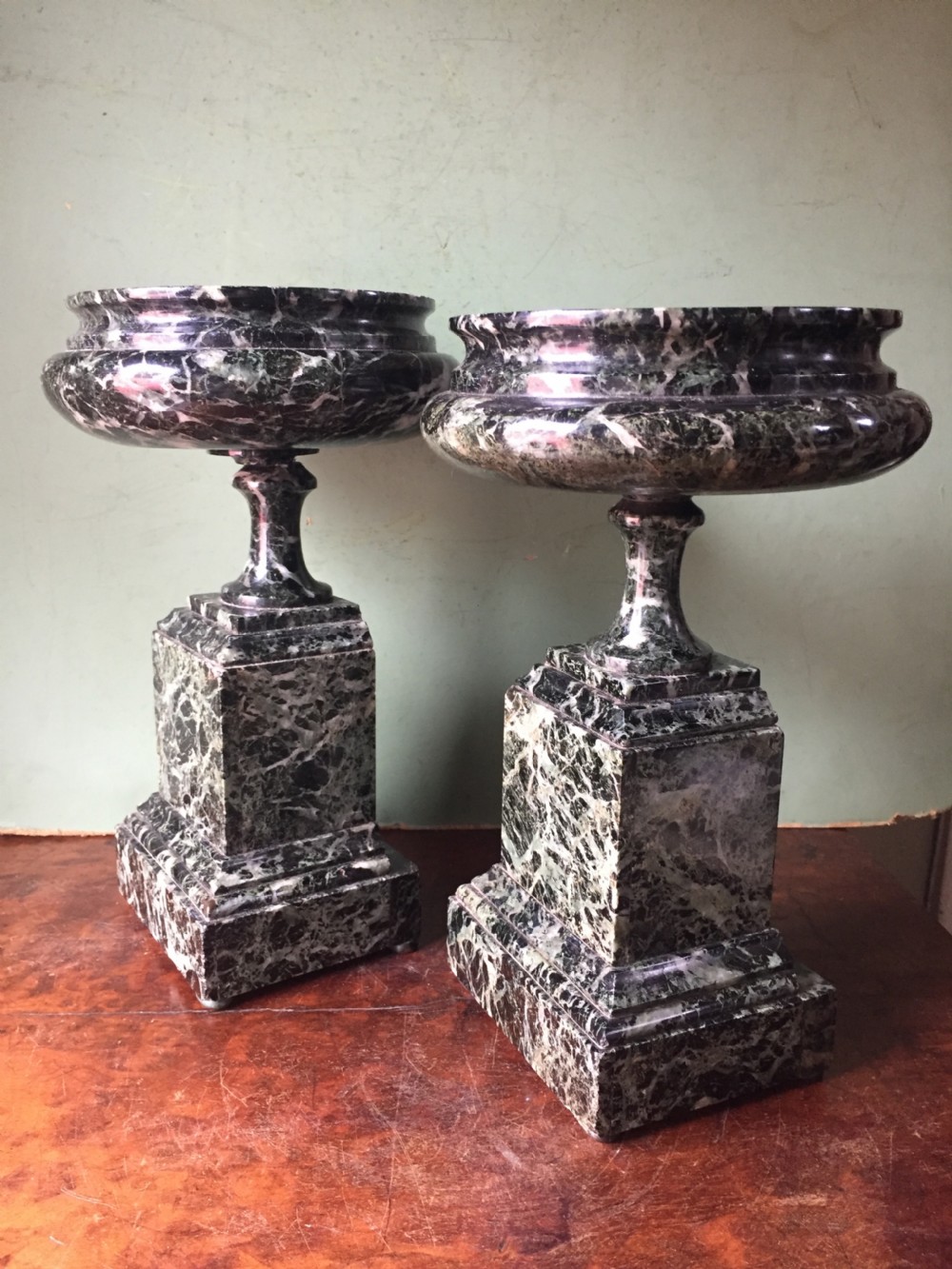 Pair of late C19th Italian 'verde antico ' marble tazzas. View IV