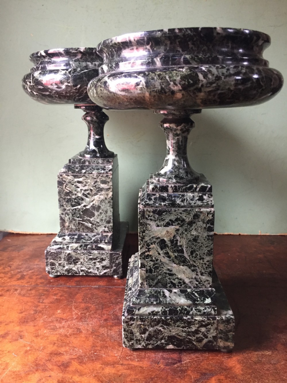 Pair of late C19th Italian 'verde antico ' marble tazzas. View V