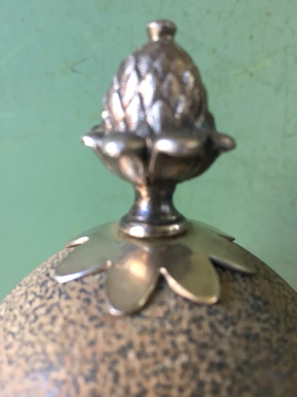 Of Australian interest: Pair of late C19th silver-plated mounted Emu eggs on ebonised socle bases. View VIII