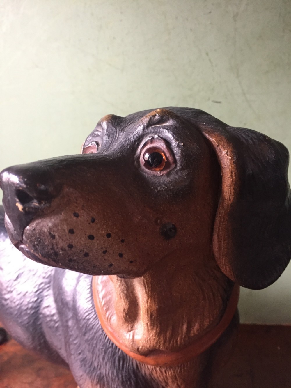 Late C19th Austrian decorated terracotta study of a miniature dachshund. View II