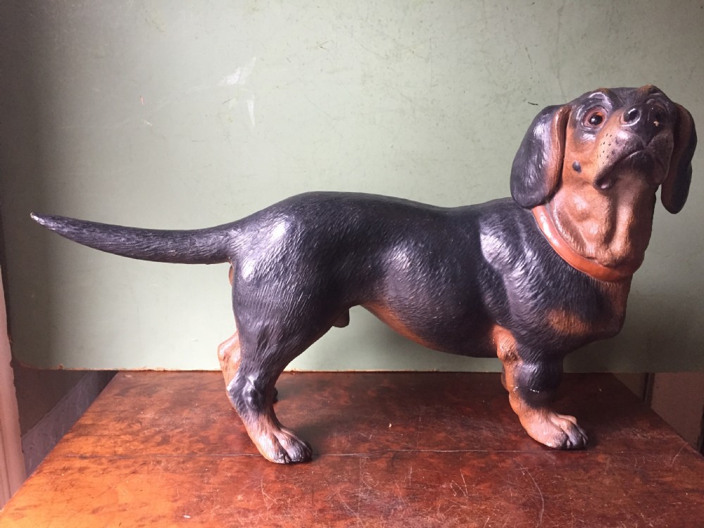 Late C19th Austrian decorated terracotta study of a miniature dachshund. View IV