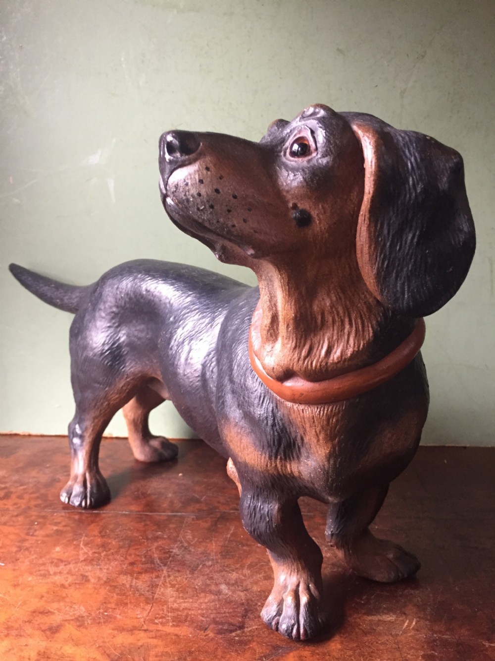 Late C19th Austrian decorated terracotta study of a miniature dachshund. View VIII