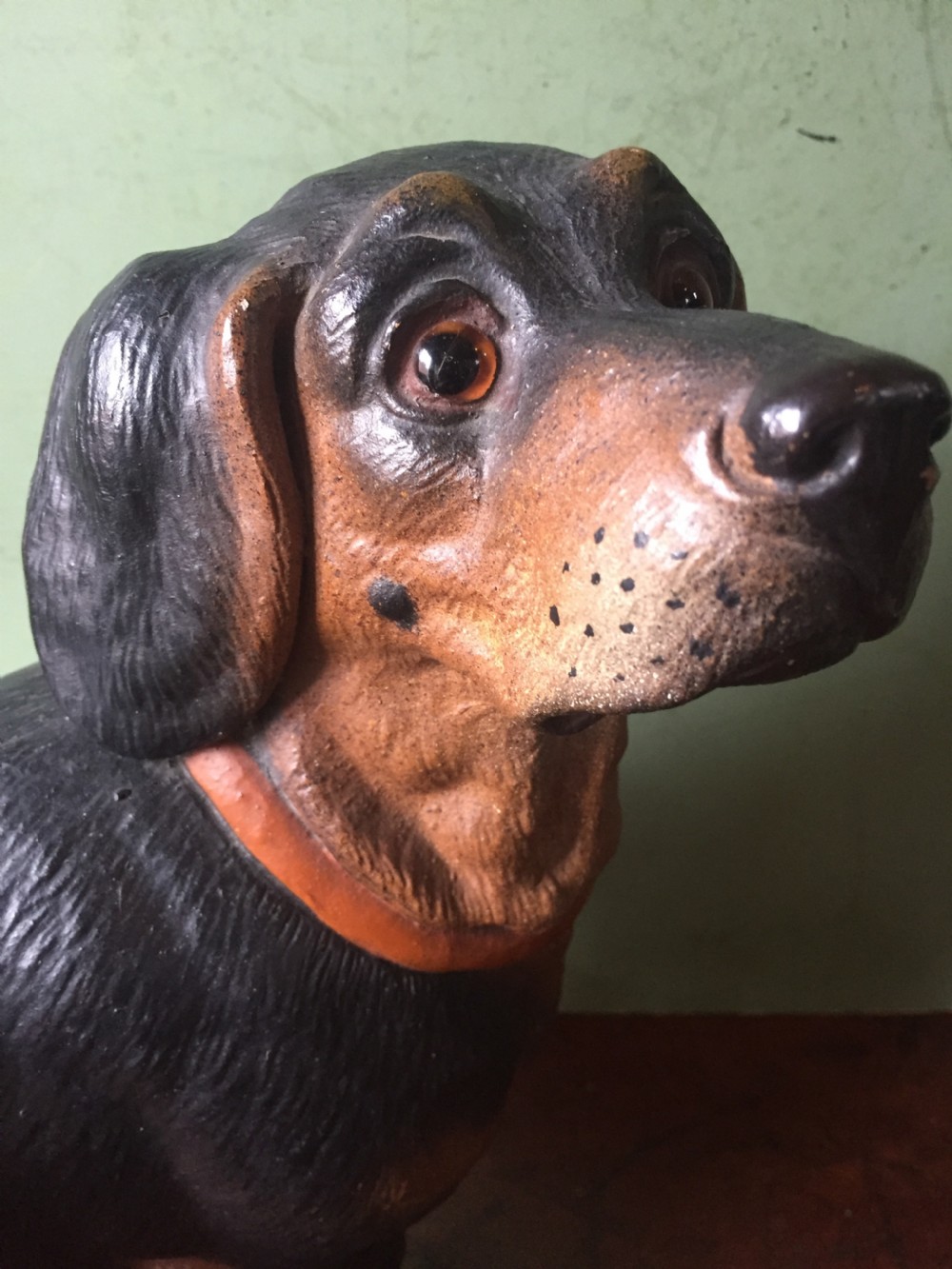 Late C19th Austrian decorated terracotta study of a miniature dachshund. View XI
