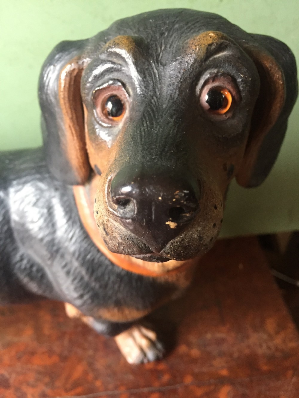 Late C19th Austrian decorated terracotta study of a miniature dachshund. View XIII