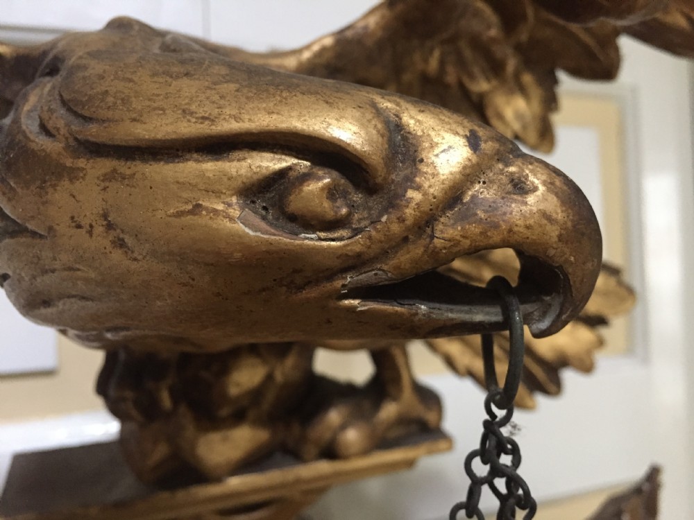 Large and impressive Regency period carved gilt-wood frame girandole convex mirror with eagle surmount. View XVII