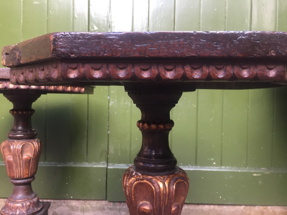 Pair of C19th Italian Tuscan walnut and parcel-gilt tables in the C17th Renaissance style . View XI