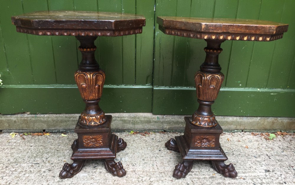 Pair of C19th Italian Tuscan walnut and parcel-gilt tables in the C17th Renaissance style . View II