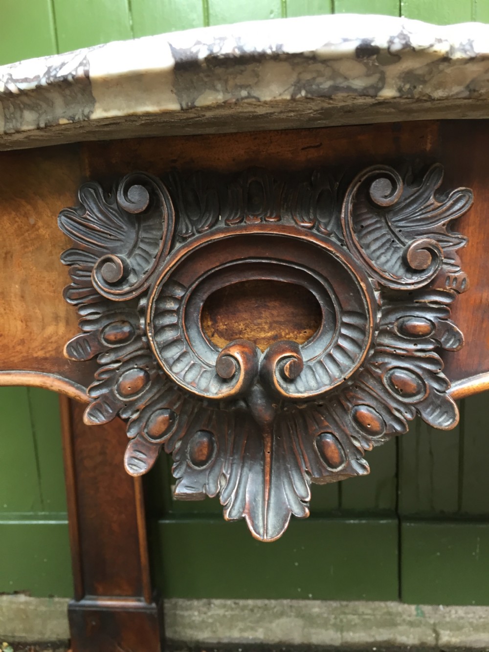 Exhuberant C19th Irish walnut console table with a rare Breccia marble slab top . View VI