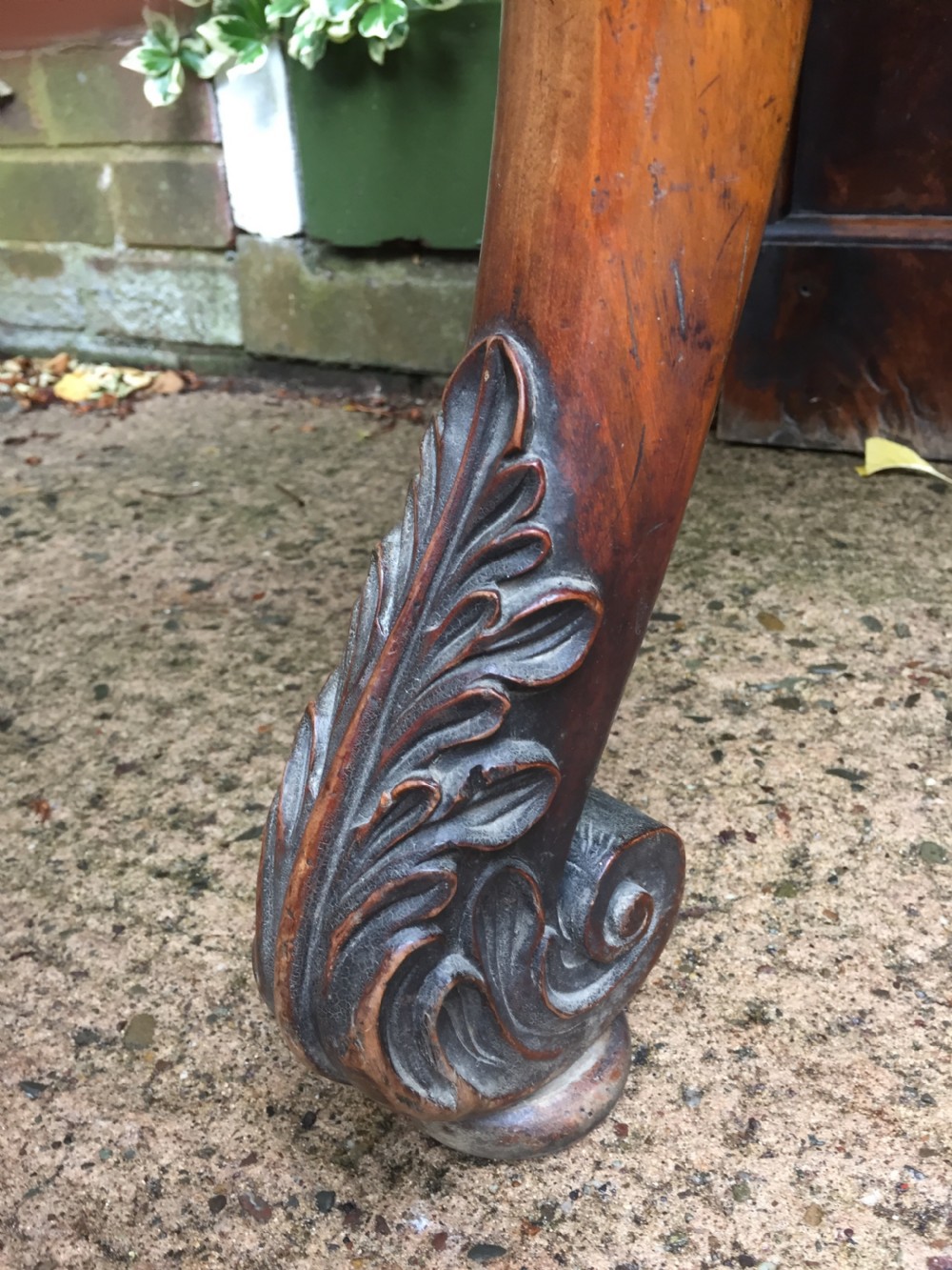 Exhuberant C19th Irish walnut console table with a rare Breccia marble slab top . View VIII