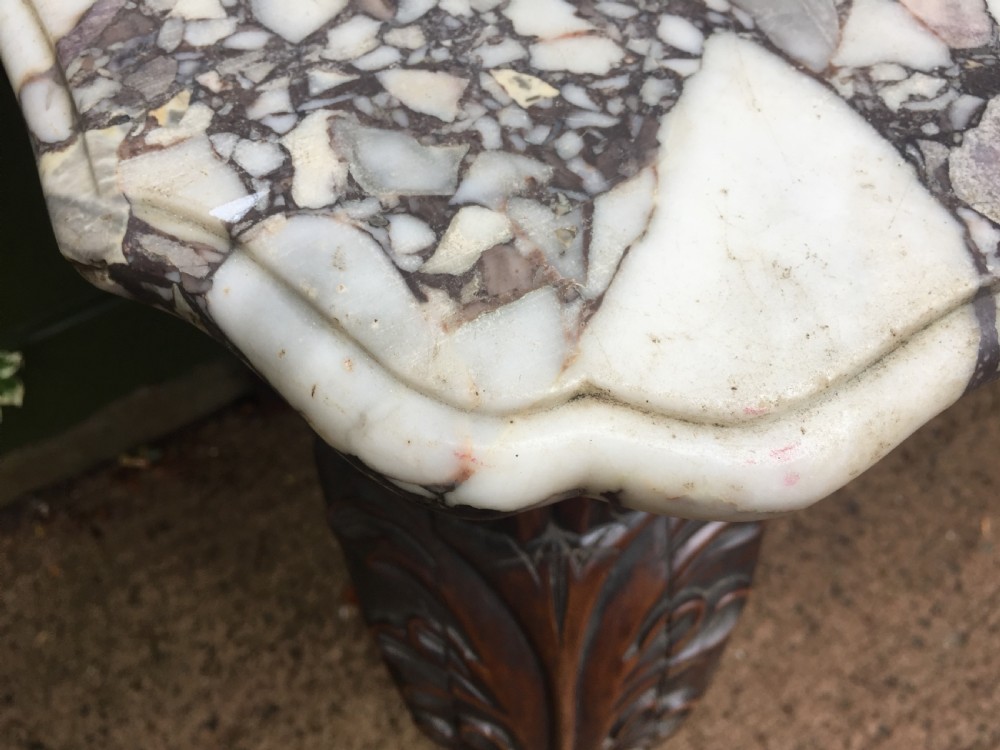 Exhuberant C19th Irish walnut console table with a rare Breccia marble slab top . View XVI