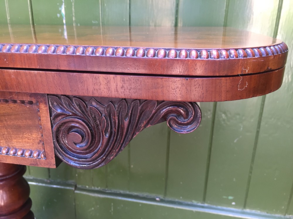 Elegant early C19th Regency period mahogany fold-over card or games table. View VII