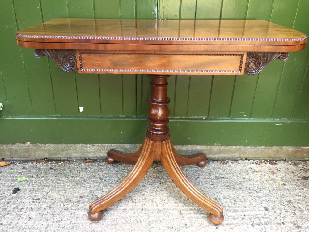 Elegant early C19th Regency period mahogany fold-over card or games table. View IX