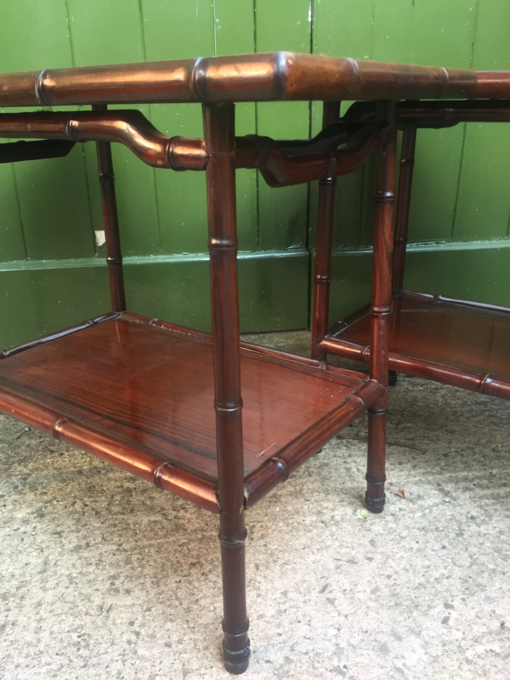 Pair of early C20th Chinese carved hardwood 2-tier end or occasional tables . View XIII
