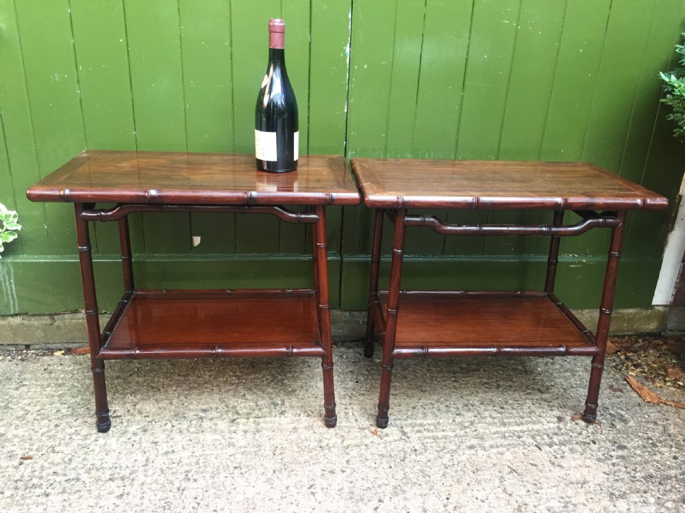 Pair of early C20th Chinese carved hardwood 2-tier end or occasional tables . View XVI