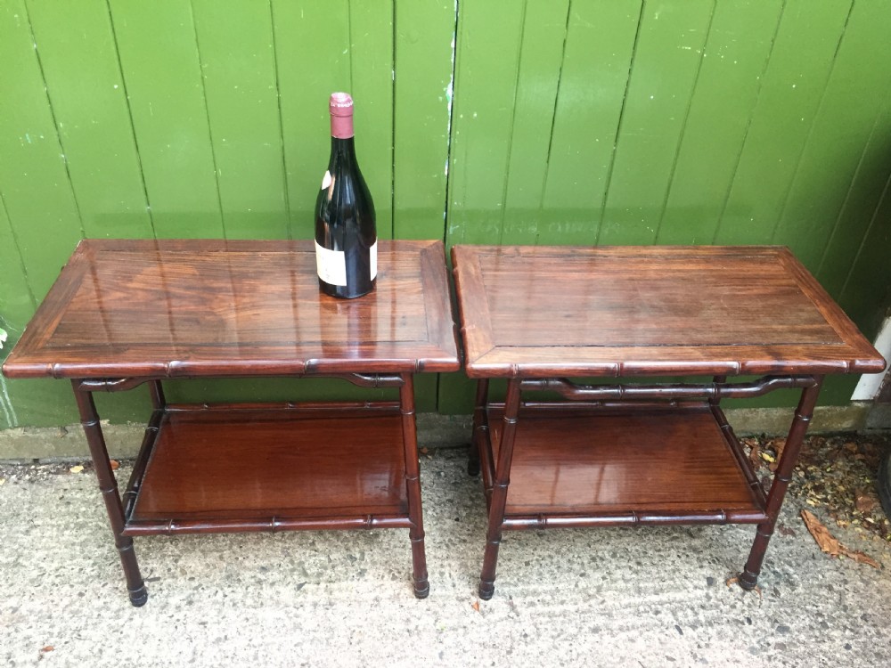 Pair of early C20th Chinese carved hardwood 2-tier end or occasional tables . View XVII