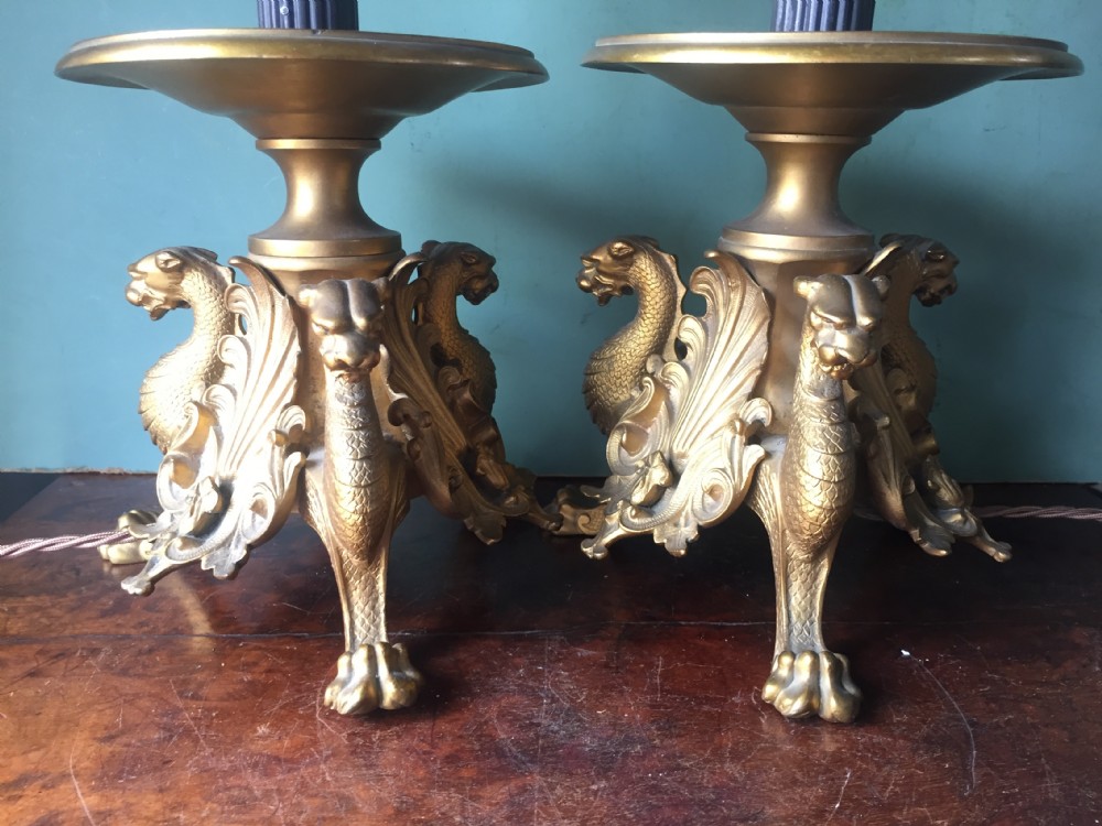 Pair of late C19th French gilt and patinated bronze lamps raised on tri-form griffin supports. View XI