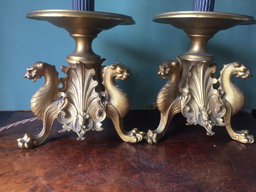 Pair of late C19th French gilt and patinated bronze lamps raised on tri-form griffin supports. View XII