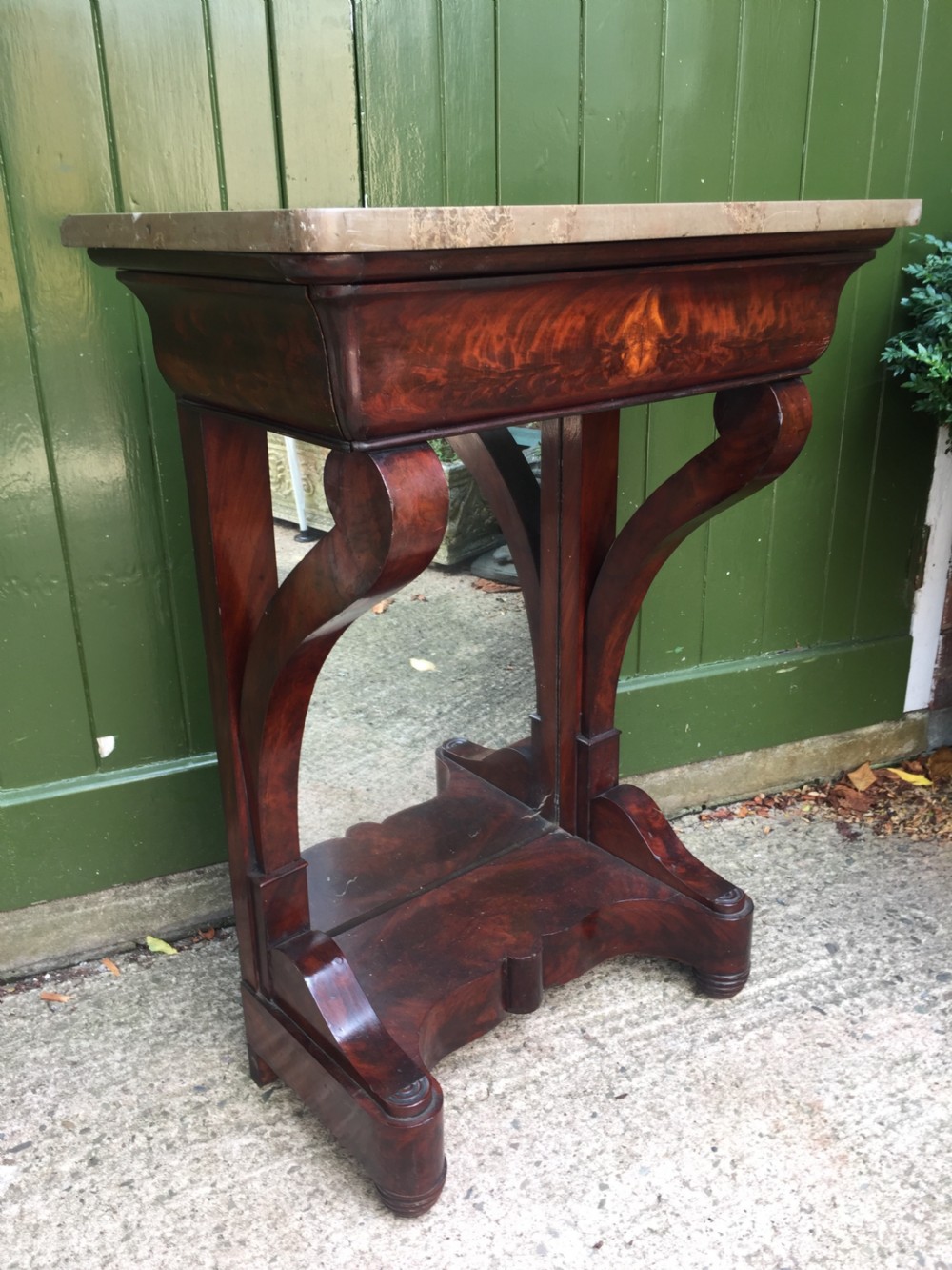 Early C19th French Charles X period marble-topped mahogany console or pier table of small proportions. View II