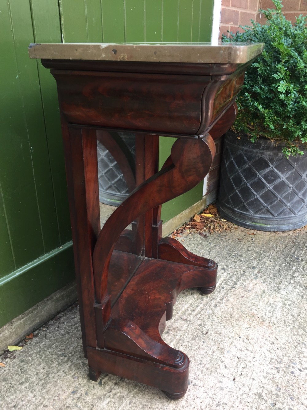 Early C19th French Charles X period marble-topped mahogany console or pier table of small proportions. View III