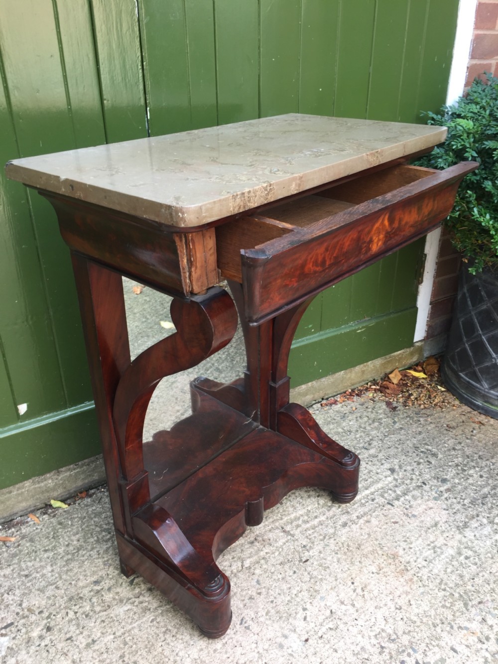 Early C19th French Charles X period marble-topped mahogany console or pier table of small proportions. View VI