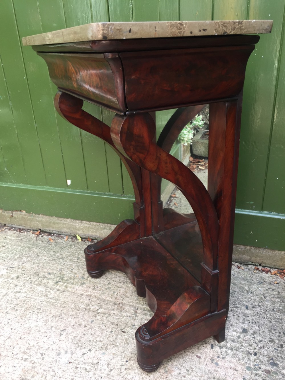 Early C19th French Charles X period marble-topped mahogany console or pier table of small proportions. View VIII