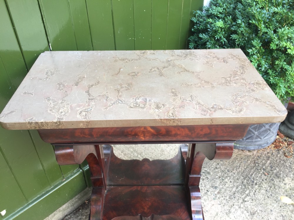 Early C19th French Charles X period marble-topped mahogany console or pier table of small proportions. View IX
