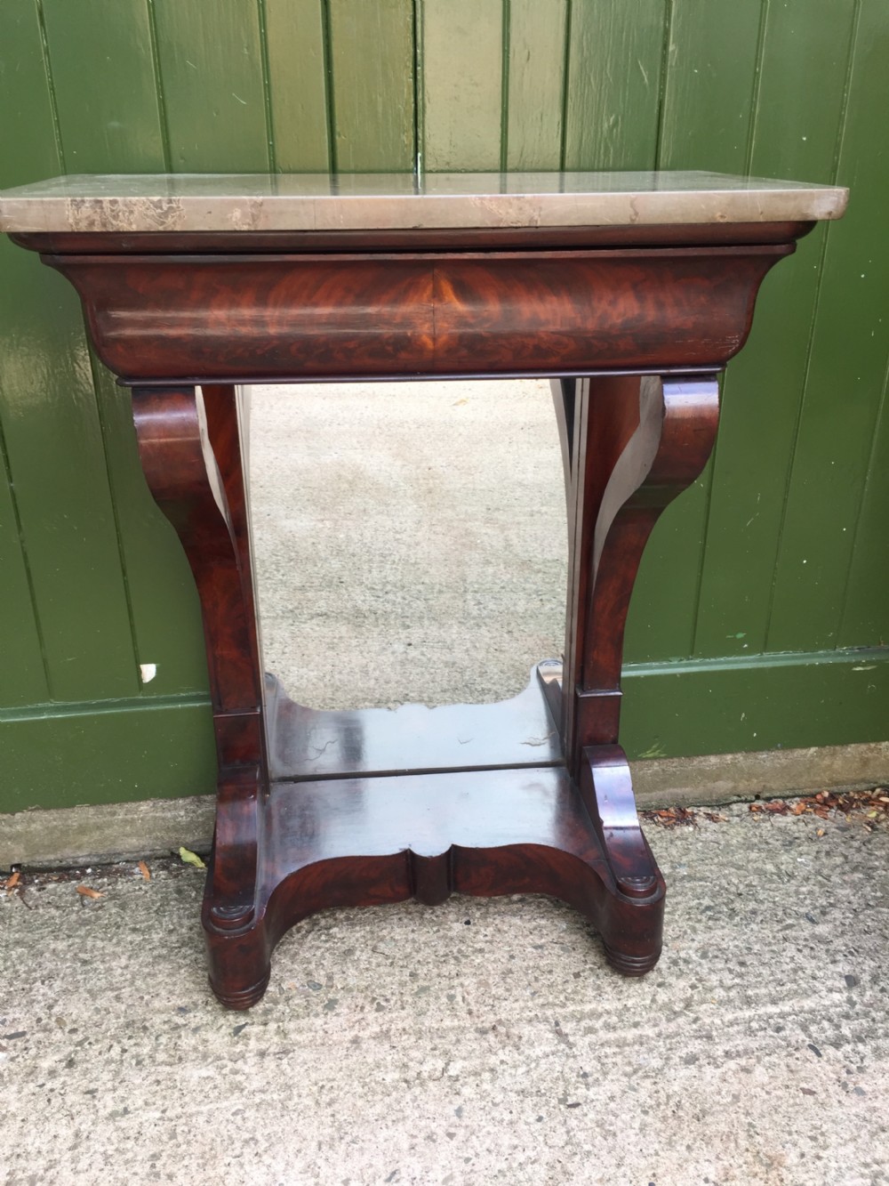 Early C19th French Charles X period marble-topped mahogany console or pier table of small proportions. View XII