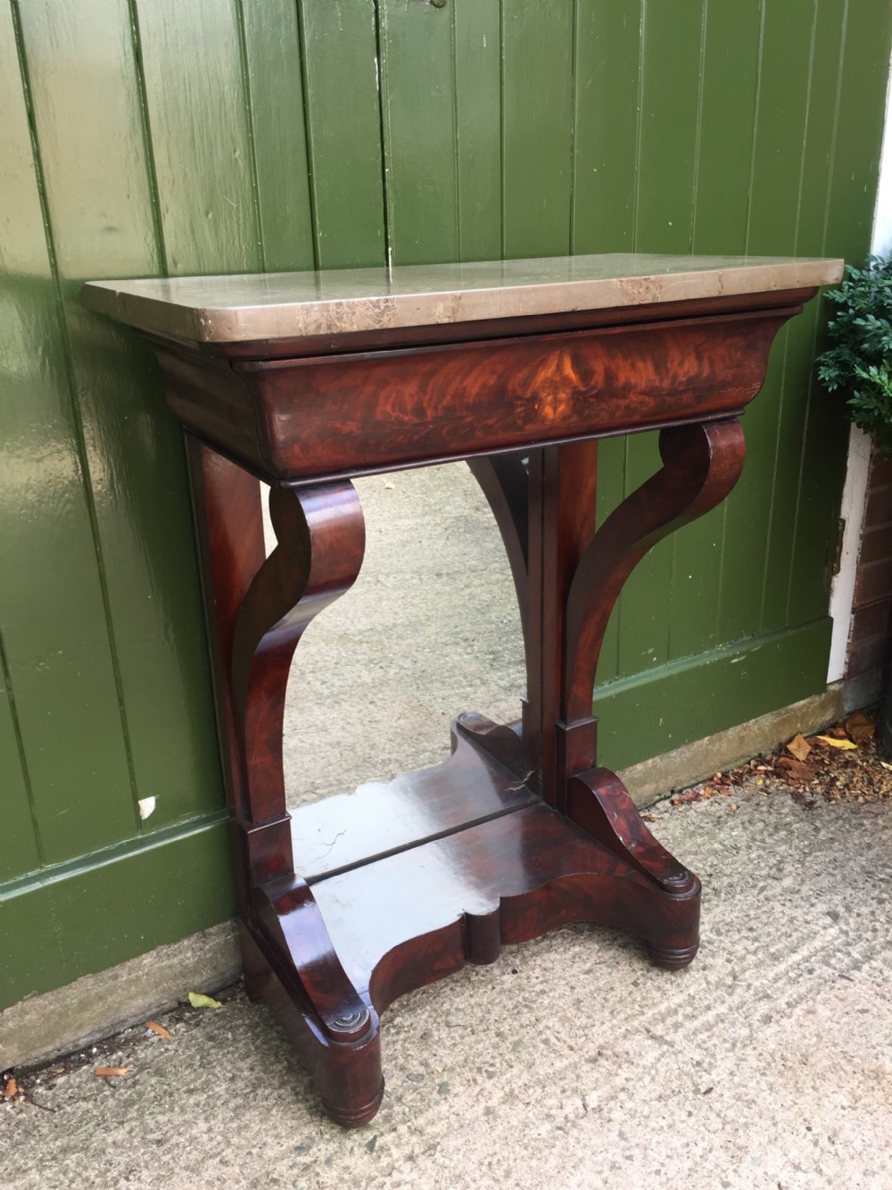 Early C19th French Charles X period marble-topped mahogany console or pier table of small proportions. View XIII