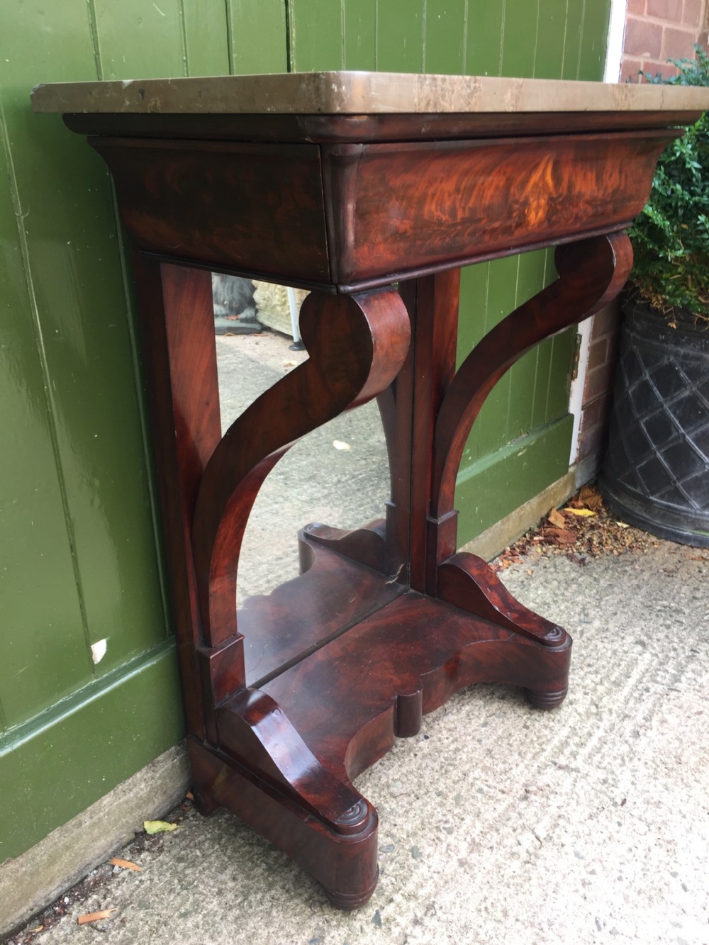 Early C19th French Charles X period marble-topped mahogany console or pier table of small proportions. View XV