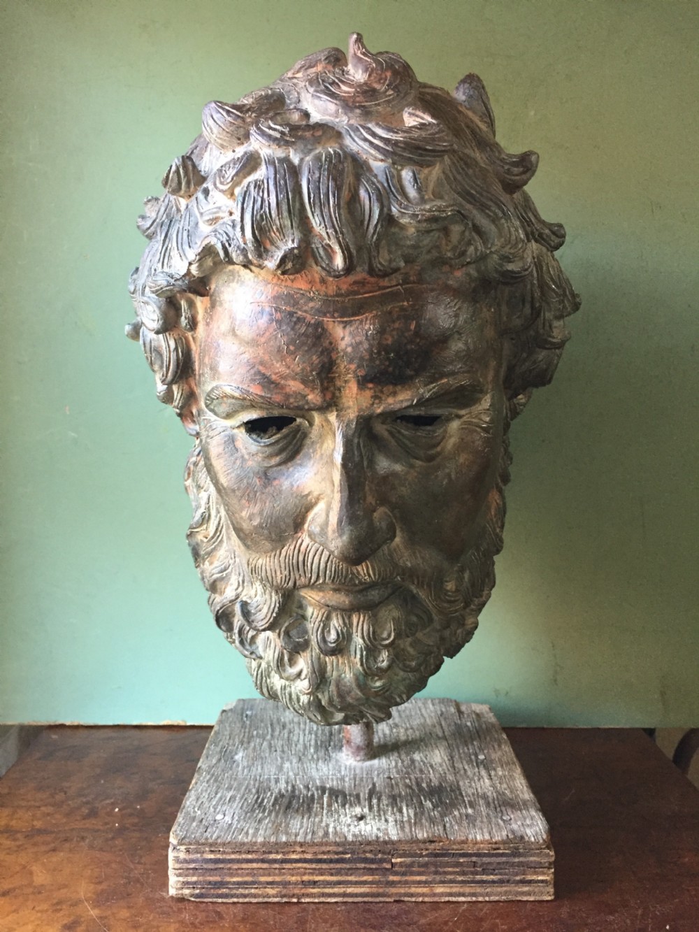 Early C20th verdigris bronze bust or head study of a Greek God or Spartan . View II