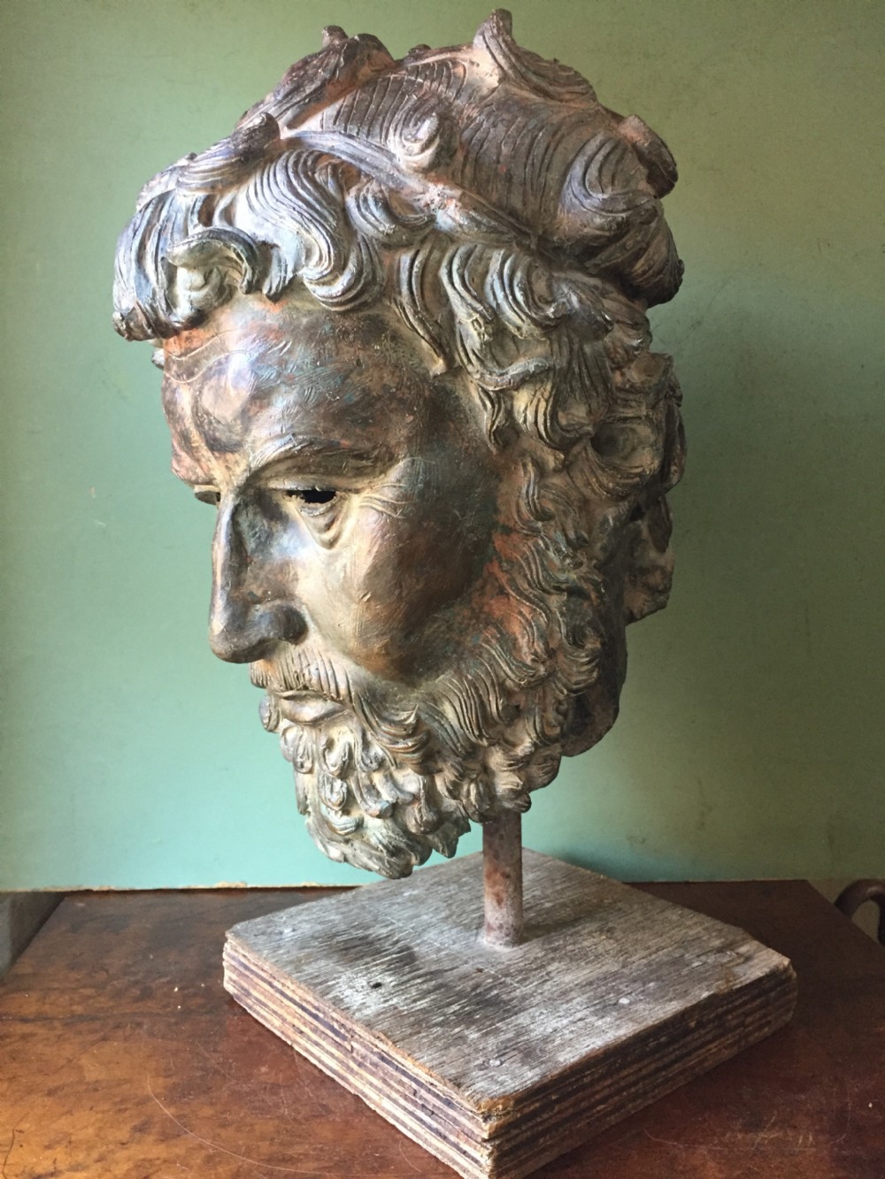 Early C20th verdigris bronze bust or head study of a Greek God or Spartan . View III