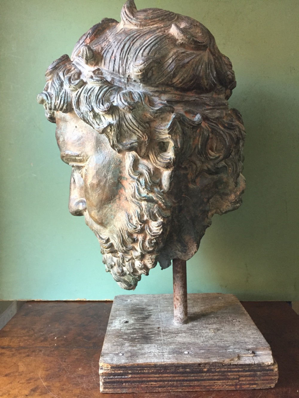 Early C20th verdigris bronze bust or head study of a Greek God or Spartan . View IV