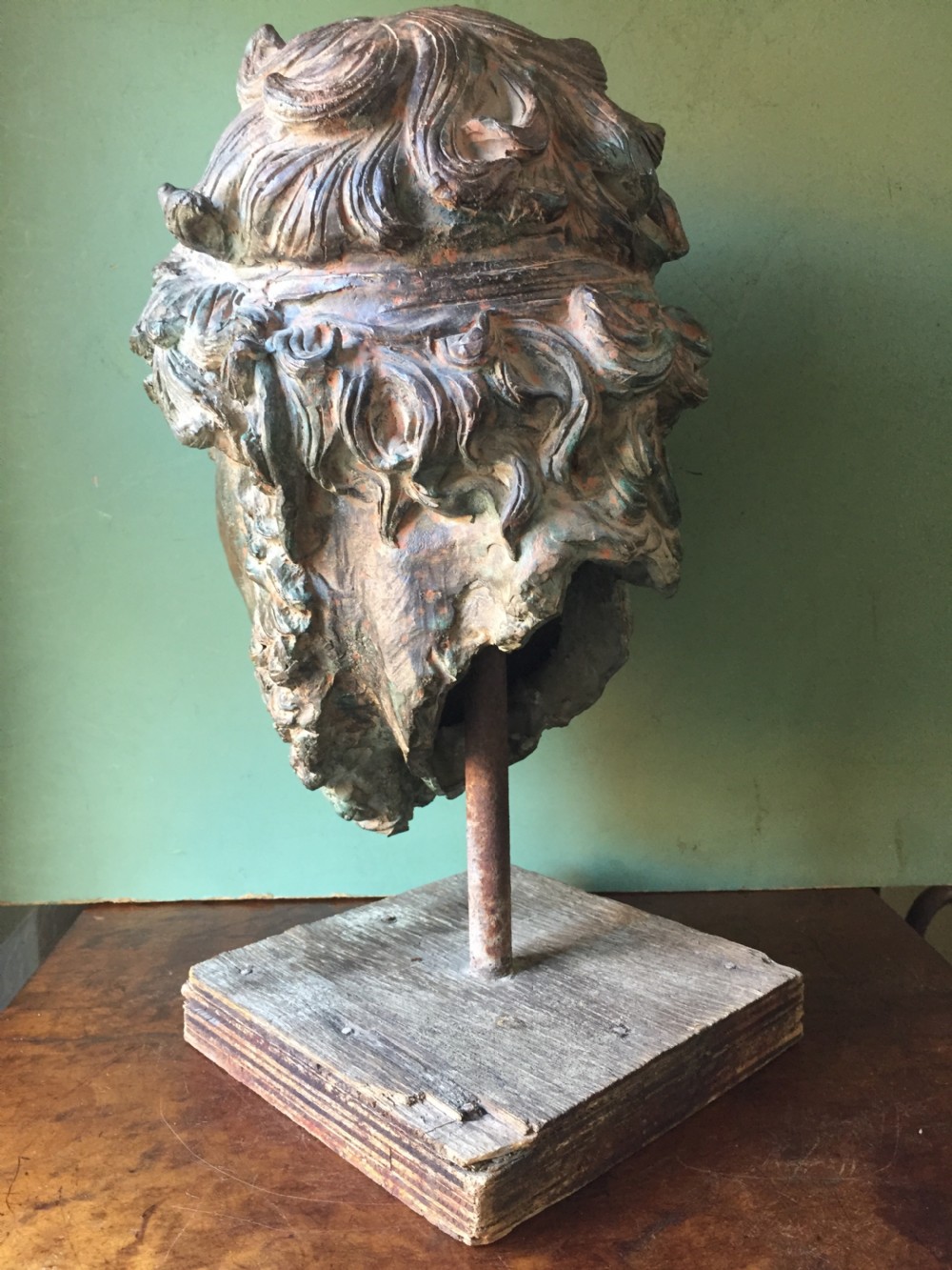 Early C20th verdigris bronze bust or head study of a Greek God or Spartan . View V