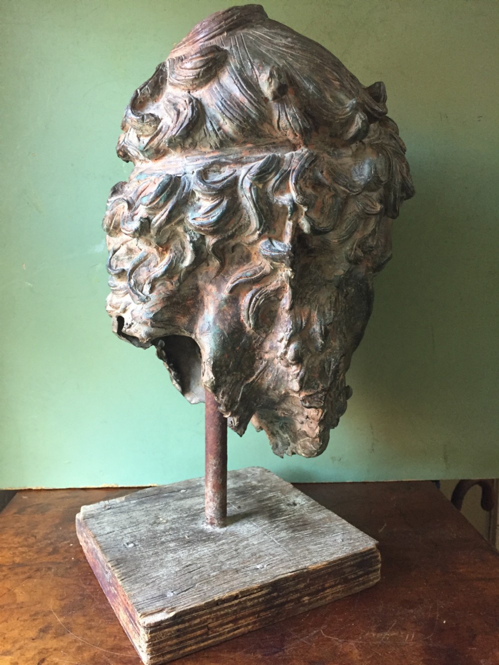 Early C20th verdigris bronze bust or head study of a Greek God or Spartan . View VII