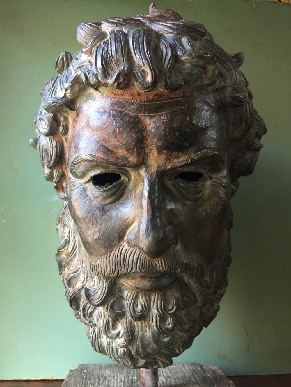 Early C20th verdigris bronze bust or head study of a Greek God or Spartan . View IX
