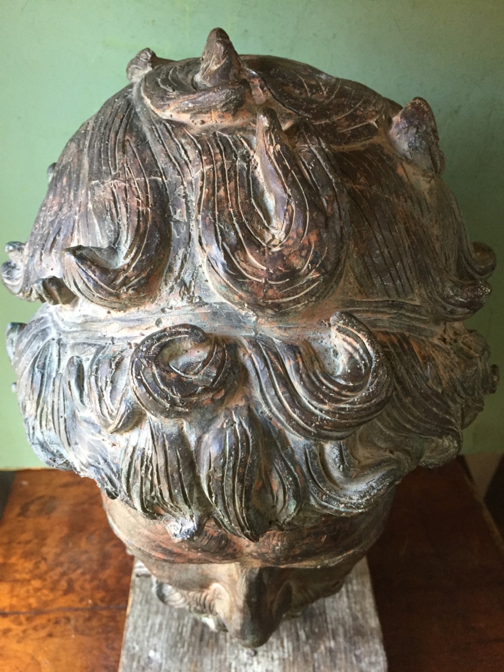 Early C20th verdigris bronze bust or head study of a Greek God or Spartan . View X