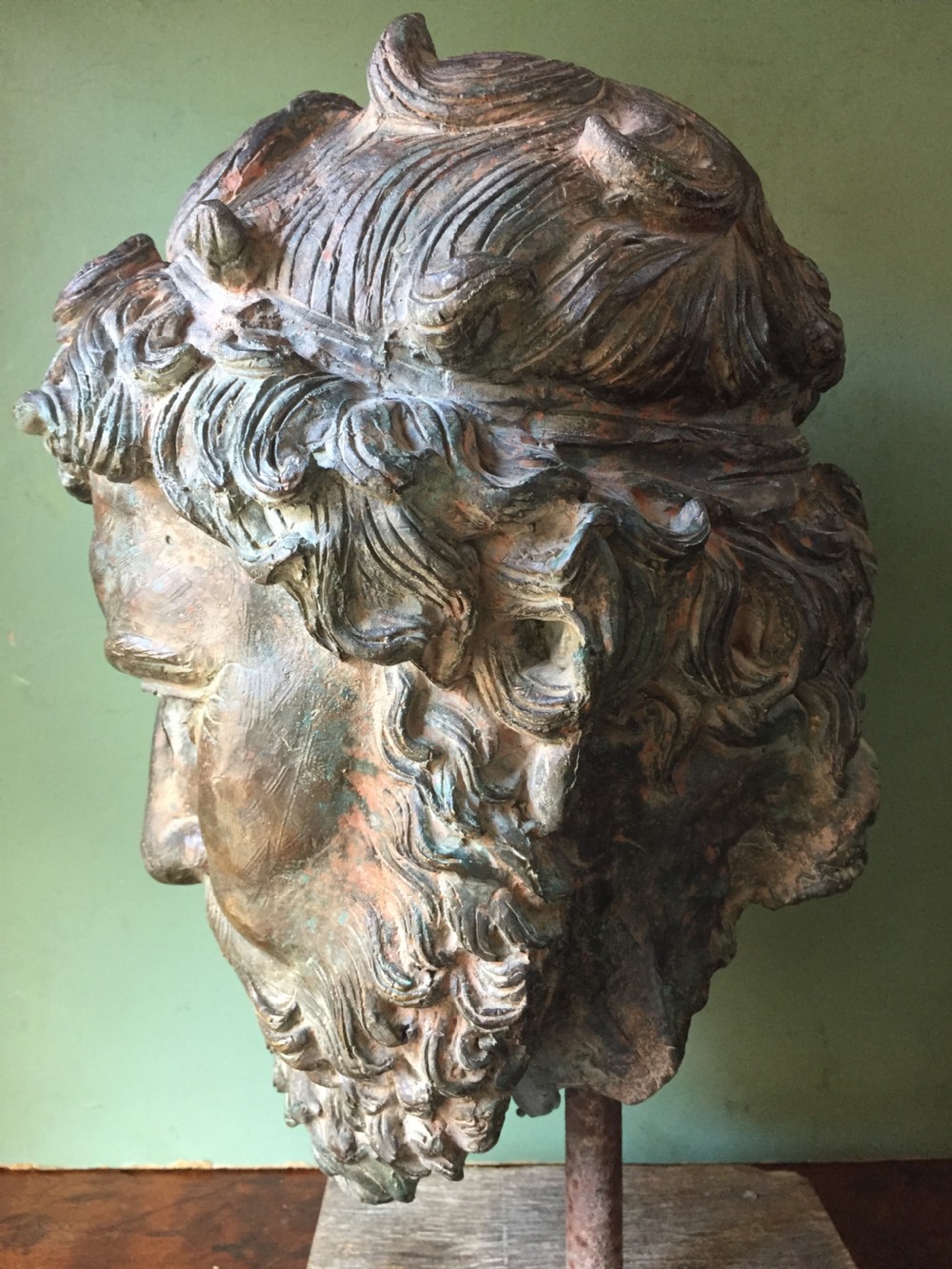 Early C20th verdigris bronze bust or head study of a Greek God or Spartan . View XI