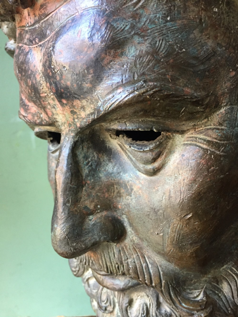 Early C20th verdigris bronze bust or head study of a Greek God or Spartan . View XII