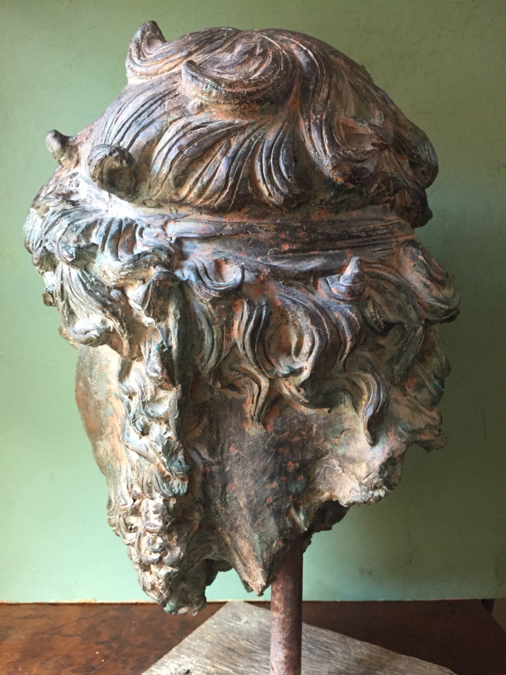Early C20th verdigris bronze bust or head study of a Greek God or Spartan . View XIII
