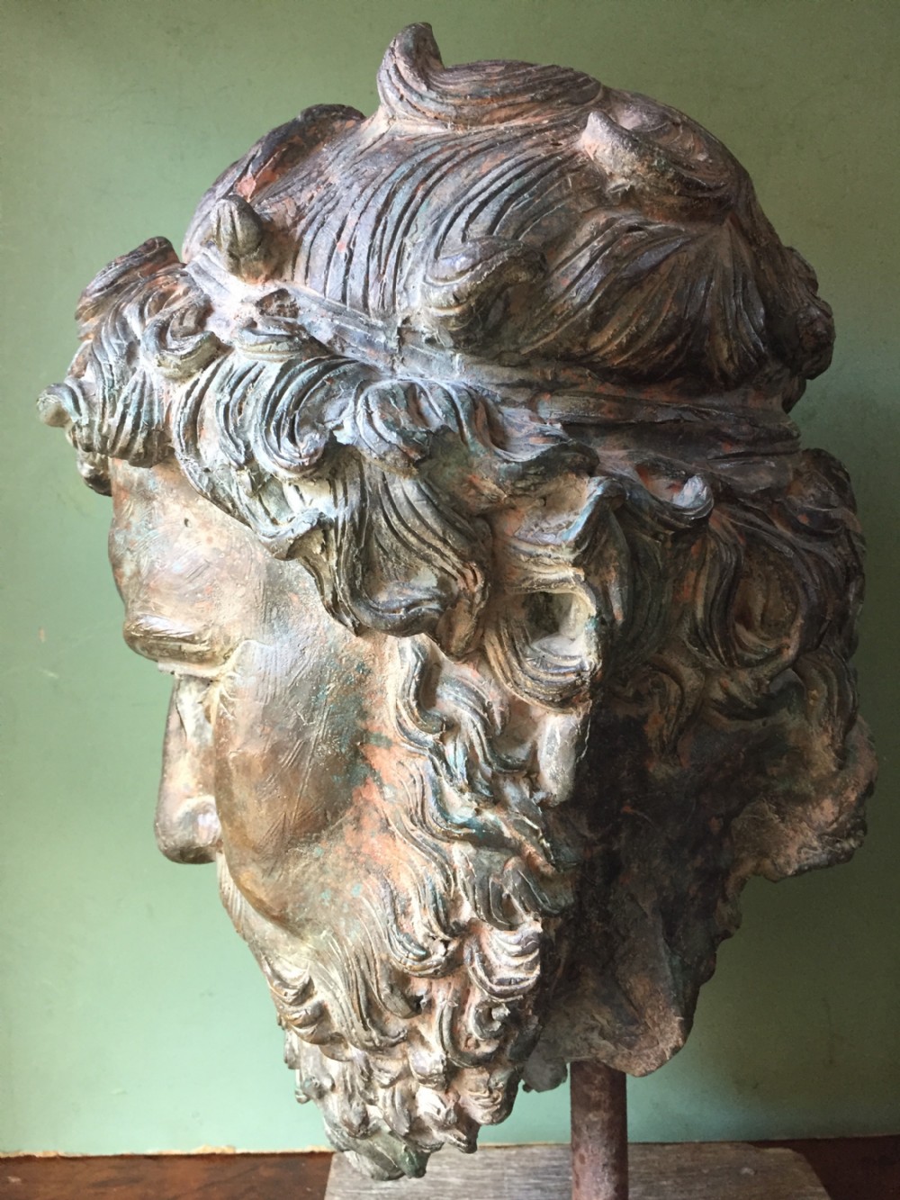 Early C20th verdigris bronze bust or head study of a Greek God or Spartan . View XIV