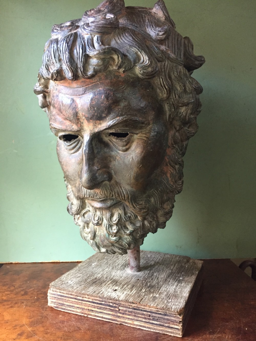 Early C20th verdigris bronze bust or head study of a Greek God or Spartan . View XV