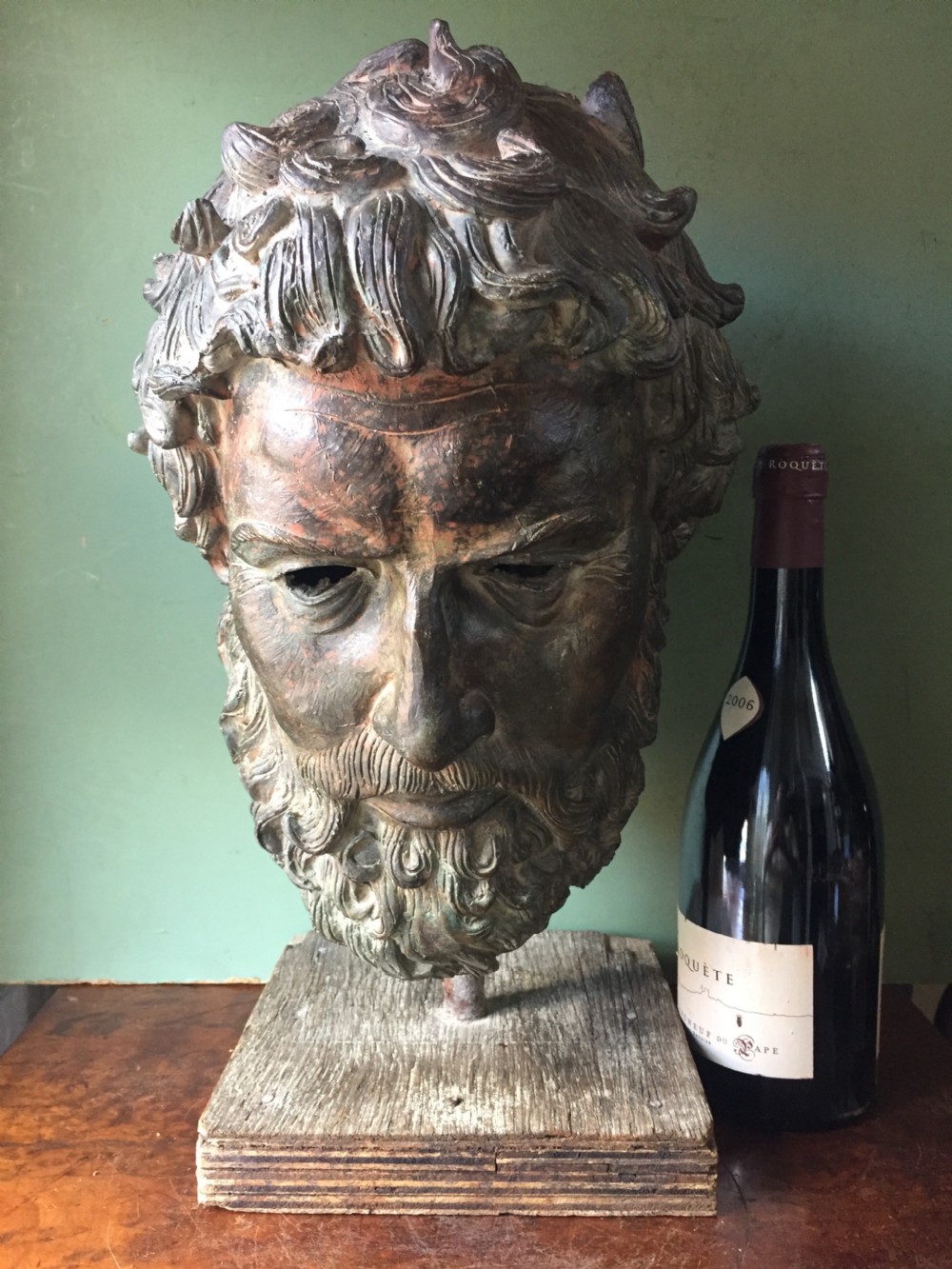 Early C20th verdigris bronze bust or head study of a Greek God or Spartan . View XVI